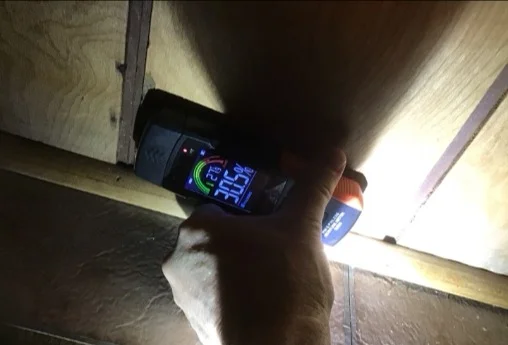 Moisture meter reading elevated on basement wall paneling (photo 2)