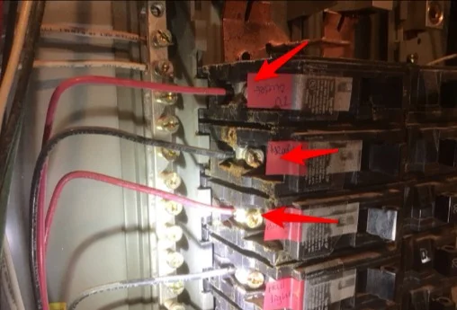Corrosion on breakers inside an electrical panel