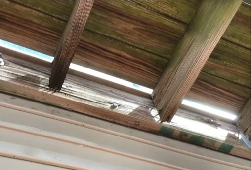 Deteriorated framing under a rear wood balcony