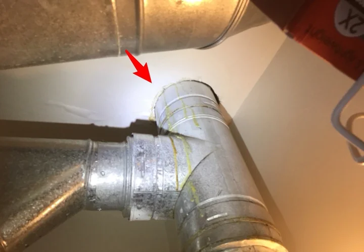 Furnace and water heater flue touching drywall at the mechanical closet wall, next to a sample photo of a proper fire collar