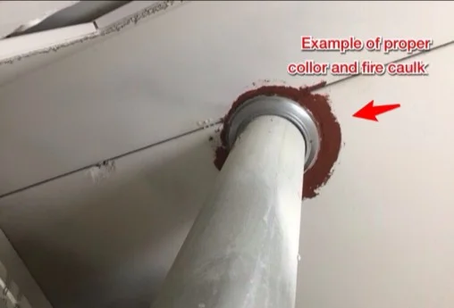 Furnace and water heater flue touching drywall at the mechanical closet wall, next to a sample photo of a proper fire collar (photo 2)