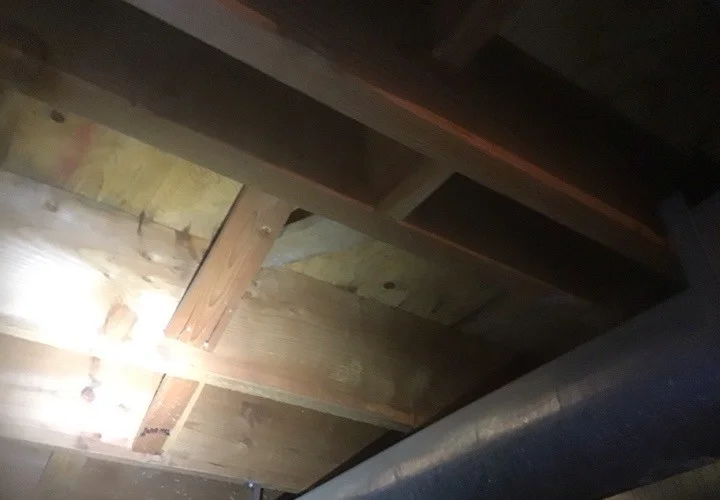 Crawlspace with no insulation between the floor joists and uninsulated HVAC ducts