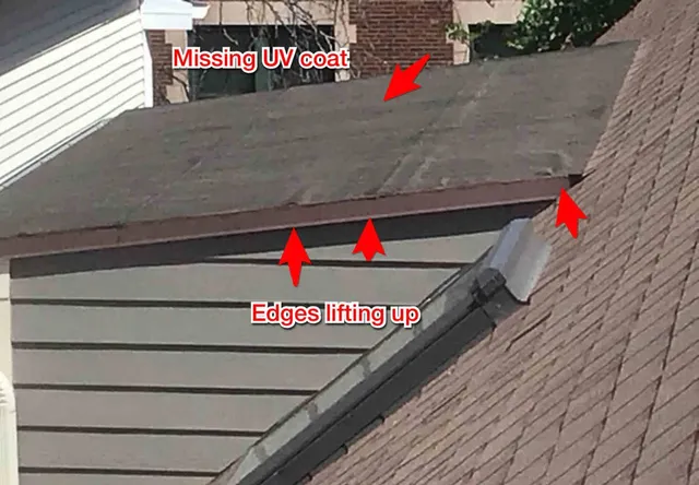 Flat roof edges lifting on the dormers: photo 1 from a Chicago inspection report