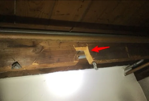 Floor joists notched for plumbing in a basement mechanical room (photo 2)